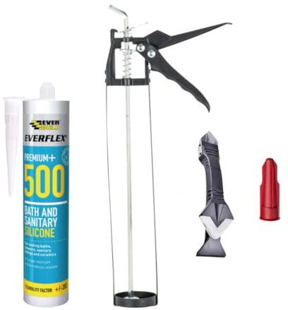 Bathroom Sealant Anti Mould White Silicone Bundle: Ever flex 500 Bath And Sanitary White 295ml, Skeleton Caulking Gun, Silicone Tool and Threaded Nozzle with Cap.