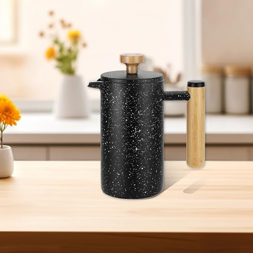 UUE French Press, Edelstahl Frenchpress, Kaffeebereiter mit Holzgriff, Kaffeebereiter French Press mit Warmhalte-Funktion, Eine French Press camping geeignet für Camping, Schwarz