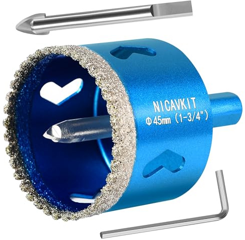 NICAVKIT Scie Cloche Diamantée 45mm avec Foret Guidage de Centrage, Professionnelle Foret Trépan Diamanté Denté Brasé pour Carrelage, Porcelaine, Verre, Marbre et Céramique