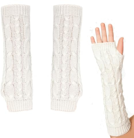 Weiß Winter Gestrickte Handschuhe für Damen,Fingerlose Warm Strick Armstulpen Handstulpen,Pulswärmer Armwärmer,Lang Handwärmer Stulpen,Pluswärmer Lange Arm Sleeve,Strickhandschuhe Women Hand Warmers
