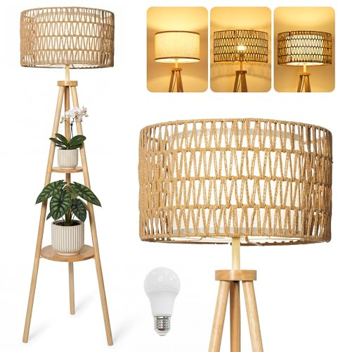 LuminexDesigns Tripod-Stehlampe aus Holz mit 2 Ablagen, Doppel-Lampenschirm aus Rattan & Stoff, Boho Stehleuchte im skandinavischen Stil, E27 Fußschalter, 154cm für Wohnzimmer Schlafzimmer WOVI FL03