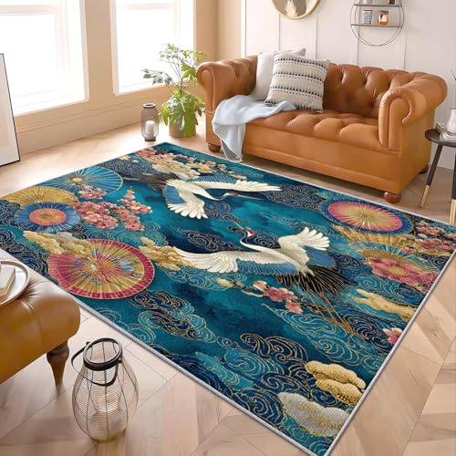 Générique Tapis Salon Moderne 160x230 cm Style Japonais Oiseaux Fleurs Poil Ras Lavable en Machine avec Dos Antidérapant Tapis Bleu pour Cuisine, Salle à Manger, Bureau et Chambre