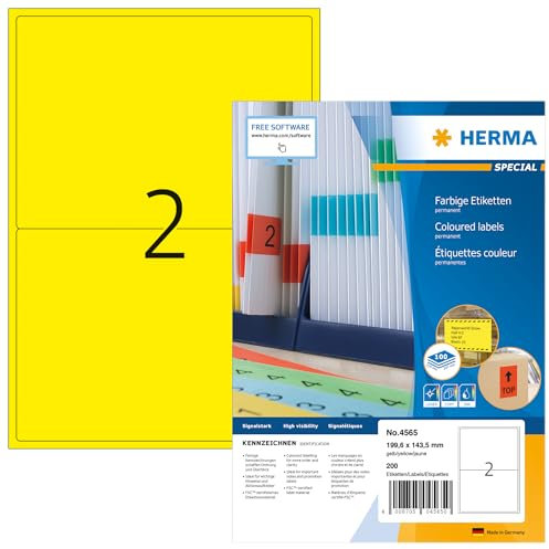 HERMA 4565 Farbige Etiketten gelb, 100 Blatt, 199,6 x 143,5 mm, 2 pro A4 Bogen, 200 Stück, selbstklebend, bedruckbar, matt, blanko Papier Farbetiketten Aufkleber