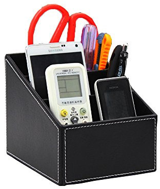 3 Compartiments de Rangement Organisateur de Bureau en Cuir PU Boîte de Stockage Support Crayons/Stylos/Porte-Cartes/Téléphone Portable/Papeterie/Agrafeuse/Télécommande pour Bureau Maison(Noir)