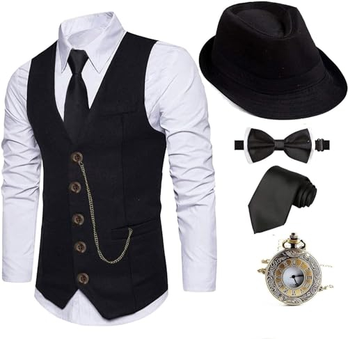 EFORLED 1920er-Jahre-Kostüm, Fedora-Hut, Gatsby-Gangster-Weste, Vintage-Taschenuhr, vorgebundene Fliege, Krawatte, Twvest-cswhhat, L