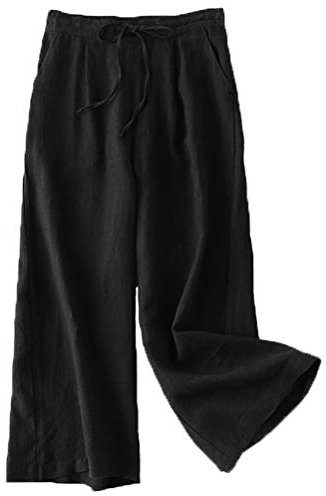FTCayanz Donna Pantaloni Larghi Lino Vita Alta Pantaloni Gamba Larga Estivi con Coulisse Nero XXL