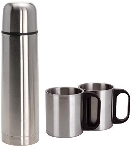 MIJOMA Isolierkanne 1L mit 2 Bechern – Isolierflasche aus Edelstahl mit doppelwandiger Vakuumisolierung und auslaufsicherem Verschlussdeckel für Reisen, Arbeit und Ausflüge