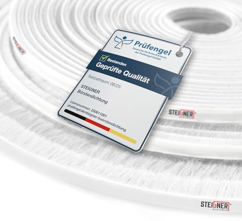 STEIGNER Bürstendichtung selbstklebend Weiß 19 mm x 10 m - Robuste Türbürstendichtung für Garagentore, Außentüren, Rolltore - Zugluftstopper, Insektenschutz, Windschutz