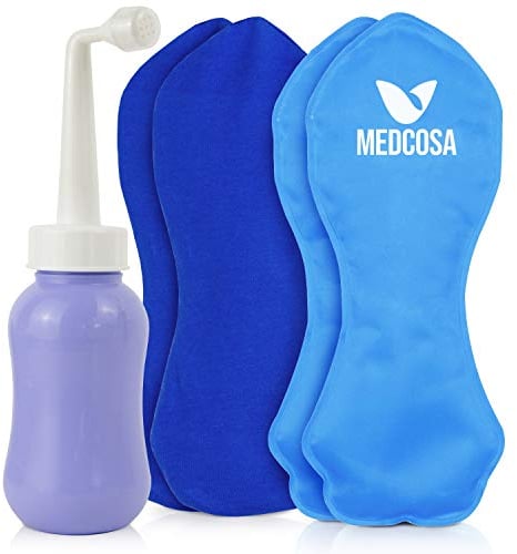 Medcosa Eisbeutel und Bidet-Flasche für Frauen | Wiederverwendbare Damm-Eisbeutel und tragbare Bidet-Sprühflasche für Schmerzlinderung, Kühltherapie und Unterstützung der Intimhygiene nach der Geburt