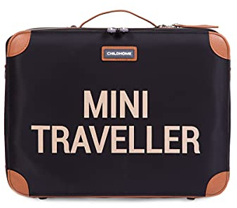CHILDHOME, Valise Enfant, Week-end, Format Cabine, Compact, Solide, Anse pour transport, Etiquette Nom, Design, Simili Cuir, Mini Traveller Noir/Or