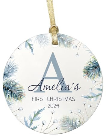 Personalised Ceramic Bauble with Name & Initial for Newborn Baby Boys/Girls - Christmas Tree Ornaments & Keepsake Plaque Sign Gift