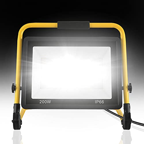YRHome 200W LED Baustrahler Baustellen Arbeitsleuchte 16000LM Kaltweiß LED Strahler Austellenlampe Floodlight inkl. Standgestell &3m Netzkabel Flutlicht IP66 Wasserdicht für Garage Werkstatt