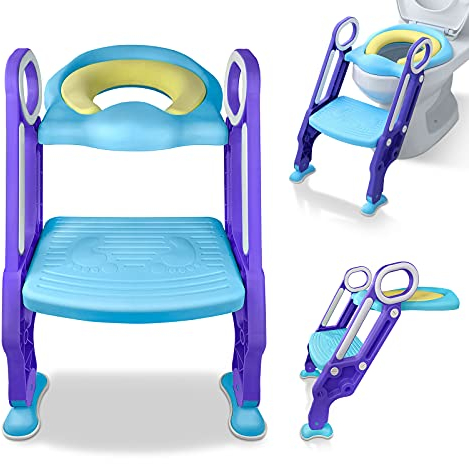 XMTECH Kinder Toilettentrainer Toilettensitz mit Treppe Faltbar Töpfchentrainer WC Trainer Höhenverstellbar mit PU Gepolstert Kissen und Griffen Töpfchen (Blau + Lila)