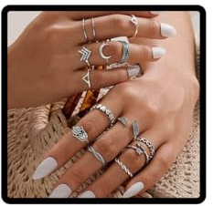Wedity Vintage Starfish Knuckle Moon Wave Anker Pfeil Palm Feder Ringe Set Silber Fingergelenk stapelbarer Ring für Frauen und Mädchen (Ringe C)