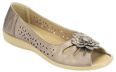 Fashion Friendly Ladies Open Toe Slip on Shoes, Summer Flower Flat Shoes, 8 Colours Sizes 3-8 Bronze