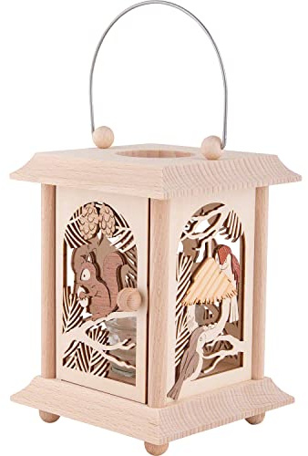 Original Erzgebirge Tischlaterne Laterne Holzlaterne mit Kerzenglas - Viele Verschiedene Motive Wählbar (Eichhörnchen & Vögel) - aus Holz - 11,5 x 11,5 x 17 cm