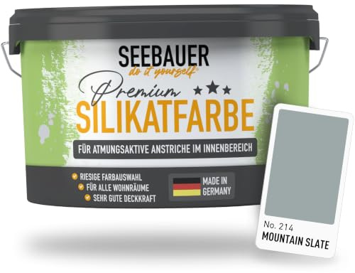 SEEBAUER diy Silikatfarbe Grau 2,5L für Innen (No. 214 Mountain Slate) Atmungsaktive Mineralfarbe für Allergiker - Abwaschbare Wandfarbe - Grautöne hohe Deckkraft