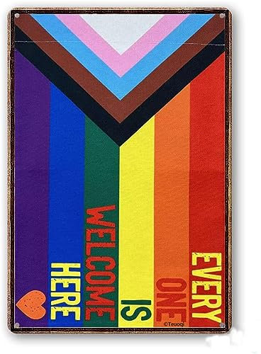 Strunt Lustiges Vintage-Blechschild, kreatives Blechschild, Progress Pride Everyone Is Welcome Here Lgbtq Regenbogen-Metall-Blechschild, Wandkunst, Heimdekoration, Küche, Poster, Café, Pub, 14 x 20,3