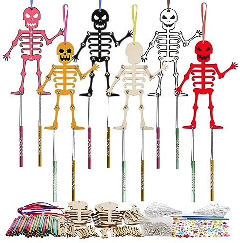 WEDNOK 9 Pcs Skelette Halloween Windspiel Bastelset Kinder DIY Klangspiel Basteln Holz Halloween Deko Bastelhandwerk für Mädchen Junge Gartendeko Kindergeburtstag Geschenk Kunsthandwerk