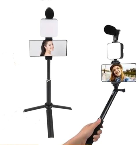 White Isle Mid Height Smartphone Vlogging kit, for Apple & Android, Includes USB-C & Apple standard cable, YouTube Starter Kit, Podcast Equipment, Tripod, Shotgun Mic, led Light, Phone Holder
