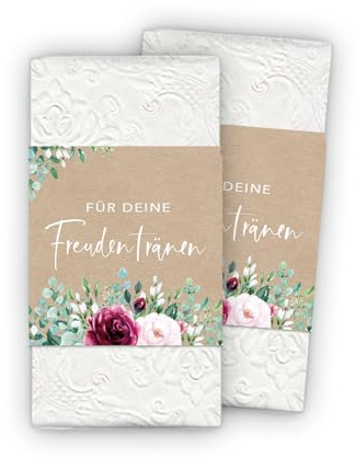 50 Freudentränen Banderolen + Klebepunkte zum verschließen - Rosen rot Kraftpapier Look braun - Für Taschentuch Gastgeschenke Hochzeit & Taufe - Kirche Trauung Kommunion
