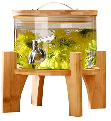 LTLWSH Distributeur de Boissons avec Robinet, Distributeur Boisson 3L en Verre avec Couvercle et Support en Bois - Fontaine Eau Cocktail Jus Alcool,D