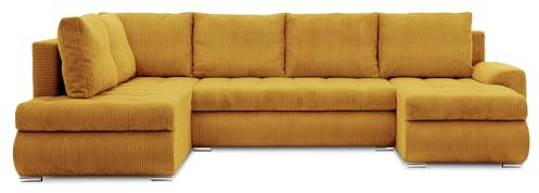Mebligo - Ecksofa mit Schlaffunktion und Bettkasten Tokio II PRO, 300 cm Breit, Wohnzimmer Eckcouch Ottomane Links, Sofa Cord mit Bettfunktion - Sofa Honigfarbe (Poso 043)