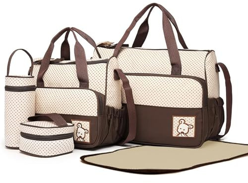 Sacs à Langer Bandoulière 5 pcs Bébé Ensemble de Sacs à Langer en Bandoulière Sac Bébé avec Matelas à Langer - Porte Biberon Isotherme Maternité Ensemble de Sac (Marron)