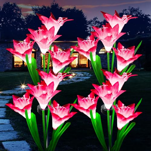 XVZ Solar Lights Outdoor - 4 Pack LED Lily Flowers Stake Lights, 7 Color Changing for Garden, Patio, Yard, Pathway, Party, Wedding, Fence - Pink