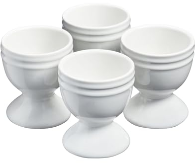 Cooks Professional Set of 4 Colourful Egg Cups | 40ml Durable Chip Resistant Ceramic Stoneware Dinnerware Graduated Design Egg Holders | Dishwasher & Microwave Safe | White