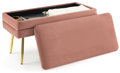 HOMASIS Panca con vano portaoggetti in velluto per toletta, cassapanca con gambe in metallo dorato, per camera da letto, soggiorno, corridoio, rosa, 78 x 36 x 42 cm, TF11312ZSDE