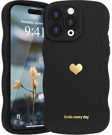 LAPOPNUT for iPhone 14 Pro Max Case,Cute Curly Wave Frame Love Heart Phone Case for Girls Women,Soft Silicone TPU Bumper Shockproof Camera Protective Cover for iPhone 14 Pro Max 6.7 inch,Black