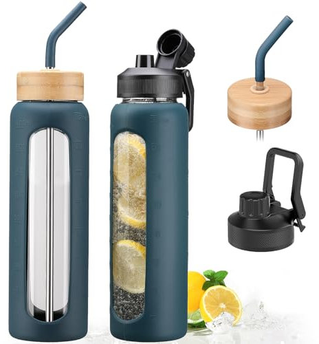 NOLOGLAZIC Botellas de agua de vidrio de 32 onzas, botellas de agua deportivas motivacionales grandes con funda de silicona, botellas de vidrio con tapas, boquilla y tapa de popote de bambú, jarra de