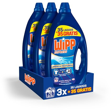 Wipp Express Limpieza Profunda Plus Frescor Activo, Detergente Liquido para Lavadora, 35+35 lavados, Pack de 3 - Total 210 lavados