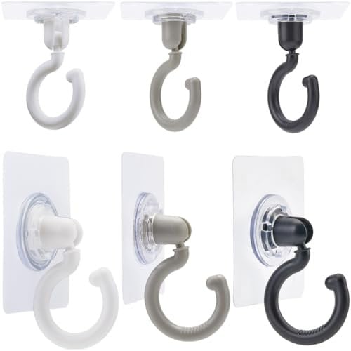 GORGECRAFT 6Pcs Adhesive Ceiling Hooks Hanging Wall Hooks No-Drill Self-Stick Swivel Ceiling Turn 360°/180°Mounted Hooks for Hanging Small Plants Towel Coat Bag Bathroom Bedroom Kitchen Door