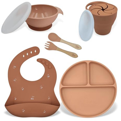 Vaisselle Bebe, assiette bebe, assiette ventouse bébé, Lot de 8 pièces Vaisselle Repas Bébé en silicone, plus Jouet de dentition OFFERT, sans BPA, Compatible Micro-onde, Lave-vaisselle (Rose)