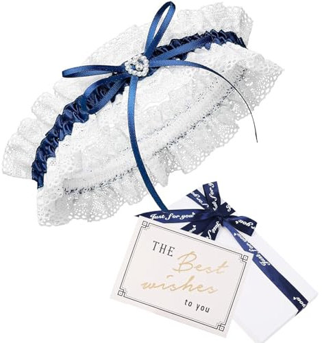 HEYOMI Premium Braut Strumpfband in Blau für Hochzeit, Band verziert mit Spitze, Schleife und einem edlen Herz mit filigranem Glitzer-Stein, Handgefertigt (Dunkelblau)