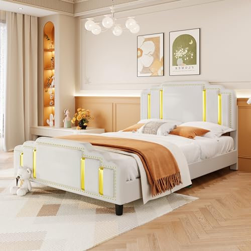 Merax Polsterbett Doppelbett 140 x 200 cm, mit Goldstreifen Kopfteil, Doppelbett Einzelbett Bettrahmen, Leichter Luxus-Stil, für Erwachsene und Jugendliche, Ohne Matratze, Beige