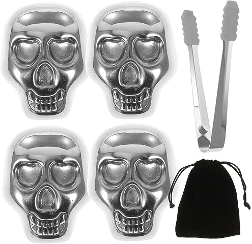 Mikinona Stainless Steel Skull Ice Cube Set for Whiskey Metal Ice Cubes for Wine Chilling Ice Blocks 6 Pack Easy Clean Sturdy Metal Ice Cubes