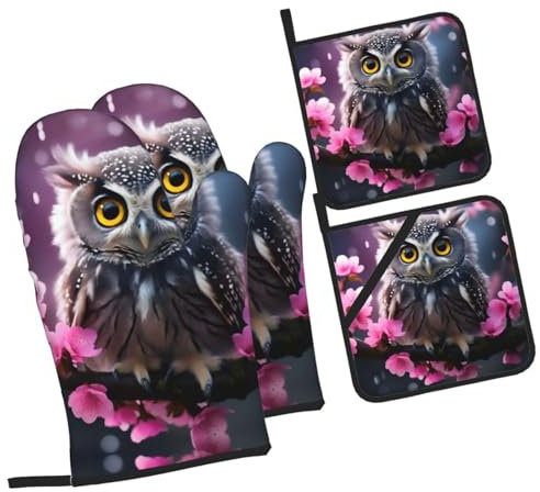 Ofenhandschuhe und Topflappen-Sets mit Eule, hitzebeständig und wasserdicht, zwei Handschuhe, zwei Topflappen, Backhandschuhe, Grillhandschuhe, Ofenhandschuhe