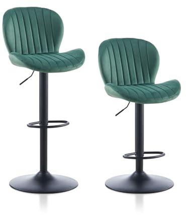 TUKAILAI Barhocker 2er Set aus Samt, Barstuhl Höhenverstellbar，360°Drehbar, Hocker mit lehne,fußstütze,metallrahmen, Gepolsterter Küchenhocker Tresenhocker, Bar Chair für Küche Bars, Grün