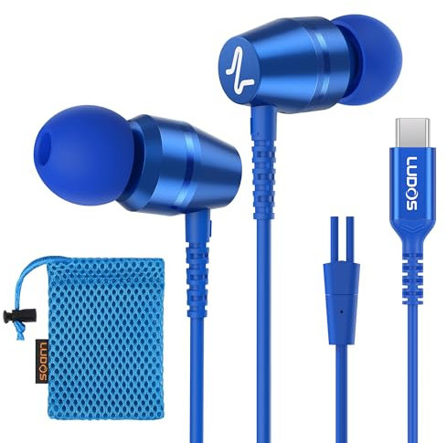 Ludos OMNITONE Auriculares USB C con Micrófono, Garantía de 5 años, Auriculares Tipo C con Cable para iPhone 16 15 Pro MAX Plus Samsung Galaxy S24 S23 S22 Ultra S21 FE S20 A53 A54, iPad Pro - Azul
