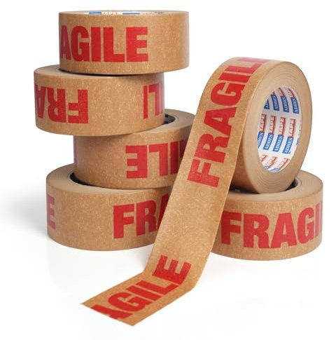 ADHES 6 Rouleau Nastro adesivo da imballaggio stampato Fragile, 50mm x 50m ecologico interamente riciclabile nastro adesivo Kraft stampato per imballaggi