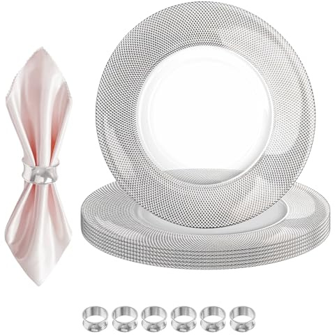 Elegantes platos de cristal plateado con 12 servilleteros martillados – 33 cm diseño a cuadros para servir bodas, fiestas, cumpleaños, eventos y decoración de mesa, juego de 6