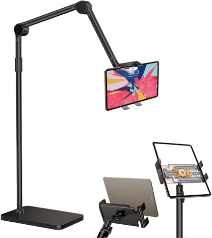 Tokenhigh Tablet Floor Stand, Adjustable Arm Tablet Stand, Tablet Phone Floor Holder with Upgraded Weighted Base, Foldable Phone Floor Rack, Overhead Bed Mount Phone Holder (Tri-Fold)