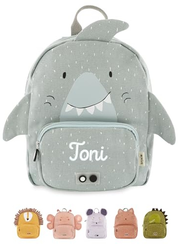 wunderwunsch TRIXIE Kindergartenrucksack, Rucksack für Sportunterricht Schule und Kindergarten, Hort und Krippe, personalisiert mit deinem Wunschnamen (Hai, Groß (7,5 Liter))