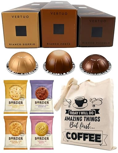 Coffee Pod Variety Pack for Nespresso Vertuo Machine - Bianco Doppio, Forte, Piccolo - 3 Boxes (30 Pods) Bundled with Border Biscuits and Reusable Tote Bag