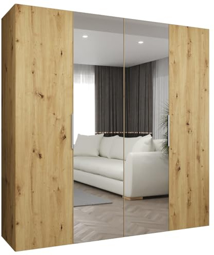MEBLE KRYSPOL - Kleiderschrank mit Spiegel - Drehtürenschrank - Schrank 200x202x52cm - Garderobenschrank Schlafzimmer, Flur, Jugendzimmer - Farbe Artisan Eiche, Griff Kaschmir - Marbella 2 200