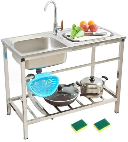 Fregadero Exterior Jardin Acero Inoxidable Fregadero De Cocina Comercial Con Grifo, Banco De Trabajo Y Estantes De Almacenamiento Fácil De Montar Y Lavar Para Bar/Lavandería/Sótano/Hote(75x40xH75cm)