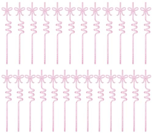 Lot de 25 Pailles Réutilisables en Spirale,Paille en Vrac Paille a Boire en Spirale avec Nœud Rose,pour Décoration de Fêtes D'anniversaire et de Mariage